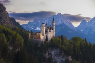 Picturesque Neuschwanstein Castle in a picturesque Alpine landscape, Schwangau near Füssen,
