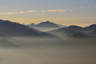 Streak of light in the mountains... Alpine panorama, view over the Kleinwalsertal, romantic view