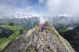 Mountaineer on the summit of the Lasörling, view of the mountain panorama of the Venediger Group,