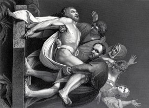 The Entombment of Christ, steel engraving after a painting by Caravaggio, historical, digitally
