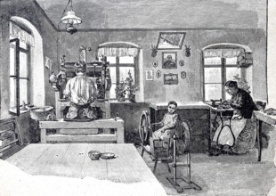Glove-making workshop, view into a glove-making room, around 1870, digitally enhanced reproduction