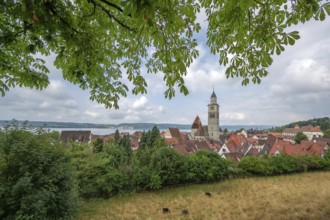 View of the town, St Nicholas Church and Lake Constance, Überlingen, Baden-Württemberg, Germany