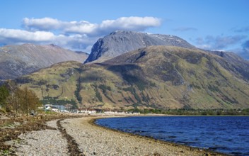 View of Caol Beach and Nevis Range Mountains, Corpach, Fort William, Highland, Scotland, UK