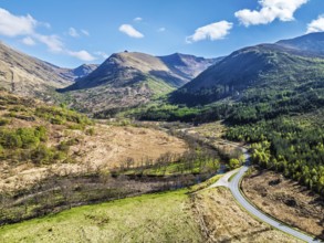Glen Nevis Valley and River Navis from a drone, Fort William, Lochaber, Highland, Scotland, United