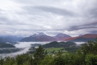 Marxenhöhe near Berchtesgaden with Watzmann view in the morning mist after the rain