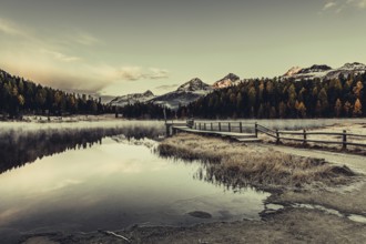 Lake Staz near Sankt Moritz in the Engadin in Switzerland. Morning atmosphere with fog in autumn.