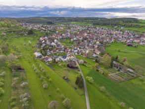 Picturesque view of a traditional village, embedded in extensive nature and gardens, Ostelsheim,