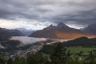 Marxenhöhe near Berchtesgaden with Watzmann view in the morning mist after the rain