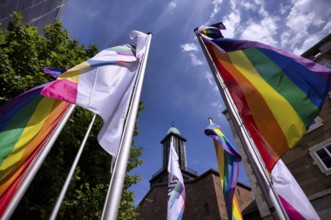 Rainbow flag, LGBTQ flag, Königsstraße. Pedestrian zone, Stuttgart, Baden-Württemberg, Germany