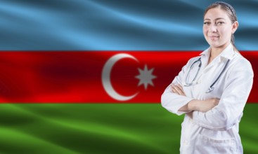 Female doctor on Azerbaijan flag. Doctor with crossed arms on Azerbaijan flag. Azerbaijan health