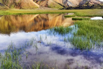 Volcanic landscape, colourful rhyolite mountains, reflection in water, Landmannalaugar, remote