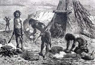 Bakery, bread baking in prehistoric times, digitally enhanced reproduction of a 19th century model,