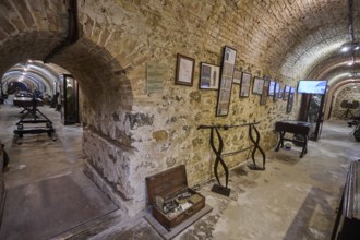 Historic cellar room with stone walls, exhibits and antique documents, war museum, military museum,
