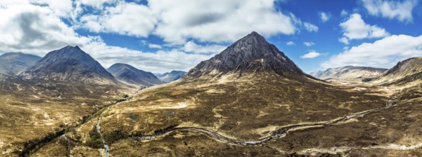 Panorama of The Buachaille Mountain and Moors over Glen Etive Valley from a drone, Buachaille Etive