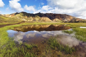 Volcanic landscape, colourful rhyolite mountains, Cumulus, Landmannalaugar, remote hiking area in