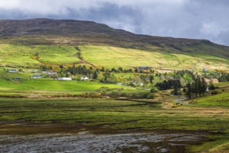 Farms over Loch Harport, Drynoch, Isle of Skye, Scotland, UK