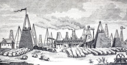 Petroleum wells in Oelheim, Ölheim, oil production, drilling rigs and oil barrels, around 1882,