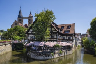 View from the Agnesbrücke bridge onto the Roßneckarkanal canal, historic half-timbered houses with