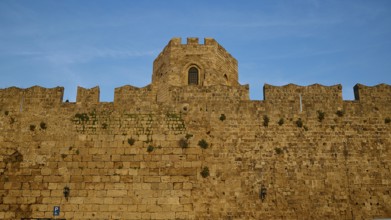 Tower, Rhodes city wall, Morning light, Robust medieval wall with battlements under a bright blue