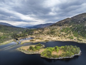 Loch Shiel from a drone, Glenfinnan, River Finnan, West Highland, Scotland, United Kingdom