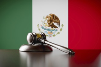 Wooden gavel resting on table in front of mexican flag