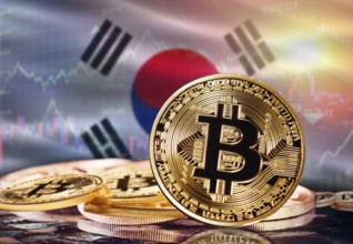Bitcoin with South Korea flag in the background. Investors in cryptocurrency and Blockchain