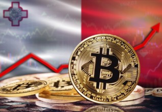 Bitcoin with Malta flag in the background. Bitcoin rising with Malta flag in the background