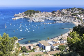 Port de Soller on Majorca from above holiday by the sea beach harbour with boats trip in Port de