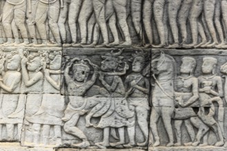 Stone bas-reliefs, Khmer war campaign against the Cham, relief wall, east façade, Bayon temple,