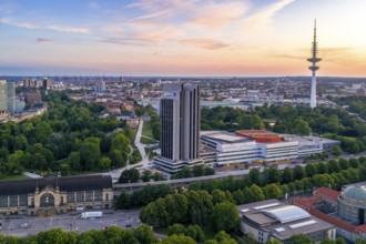 Aerial view of the CCH and Radisson Blue Hotel at Dammtor at sunset, Hamburg, Germany