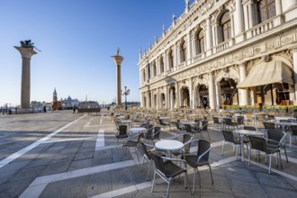 Chairs and tables of cafes at Piazetta San Marco, Colonna di San Marco and Colonna di San Todaro,