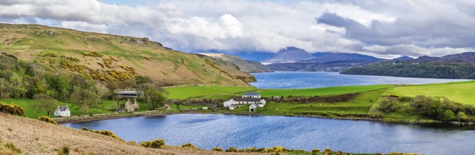 Panorama of Farms over Loch Harport, Drynoch, Isle of Skye, Scotland, UK
