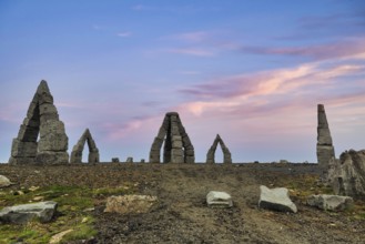 Arctic Henge, large stone gates, basalt, landmark in barren landscape, Heimskautsgerði,