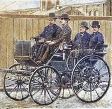 Street car with Daimler engine, coloured wood engraving, reproduction of a model from ca 1888,