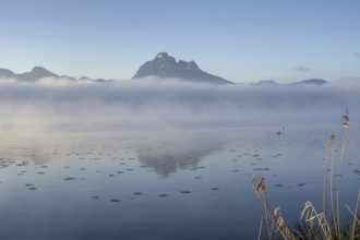 Sunrise at Lake Hopfensee near Füssen, with the Tegelberg massif and the Säuling behind it,