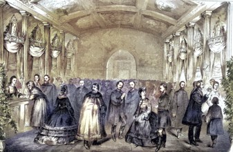 Charity bazaar of Hungarian housewives in Pesth, Hungary, coloured woodcut from 1864, people in a