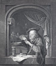 The scribe, scribe, literate scholar sharpening a pen, steel engraving after a painting by Gerard