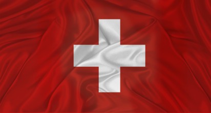 Flag of Switzerland with cloth texture. Close up of Swiss flag waving
