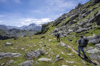 Mountaineer on hiking trail in mountain landscape, descent at Col du Louvie, view of the summit of