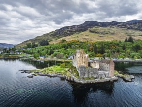 Eilean Donan Castle and Loch Duich from a drone, Isle of Skye, Highlands, Scotland, England, United