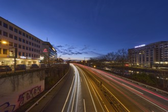 Motorway, modern architecture, river Saar, light traces, reflectors, headlights, flashing light,
