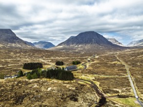 Mountains and Moors over Glen Etive Valley from a drone, Buachaille Etive Mòr, The Buachaille,