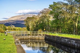 Caledonian Canal, Caol Beach and Nevis Range Mountains, Corpach, Fort William, Highland, Scotland,