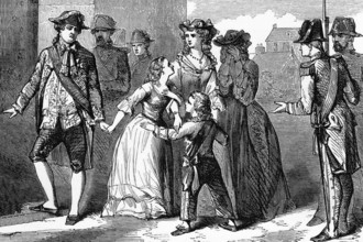 The French royal family in the temple in 1792. The temple was a medieval fortress in Paris and was
