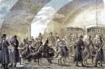 Austrian military tavern in the cellar of Gottorp Castle, coloured woodcut from 1864, soldiers in a