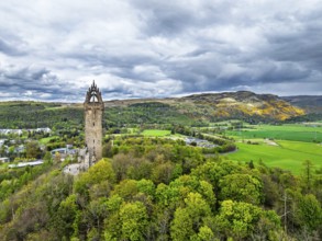 The National Wallace Monument or William Wallance Monument from a drone, Stirling, Scotland,