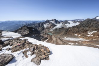 View of mountain basin with blue glacier lakes, behind summit Becher with Becherhaus, glacier