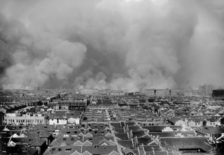 Smoke cloud over Shanghai, China, 1937. Photo taken after a bomb hit in Shanghai during the Second