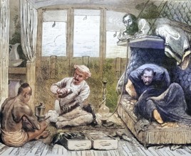 Water pipe, Train travellers in India, coloured wood engraving, Reproduction from a model from ca