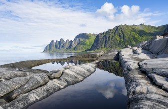 Reflection in a tidal pool, rocky coast of Tungeneset, Devil's Teeth, Okshornan, Ersfjorden, Senja